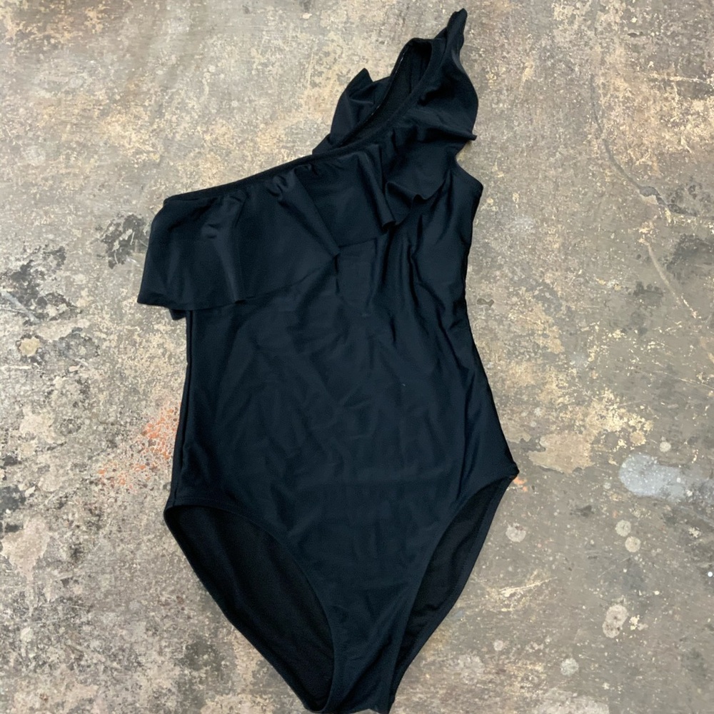Old Navy Black Ruffled One-Shoulder Swimsuit for Women Small - OBO - Picture 2 of 6